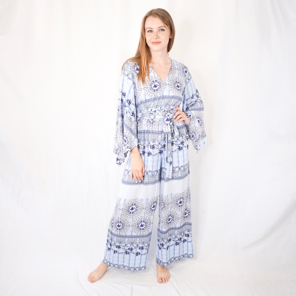 Jaase Pants - Layla JAASE Blue Moroccan Tile Print Jumpsuit BTQ